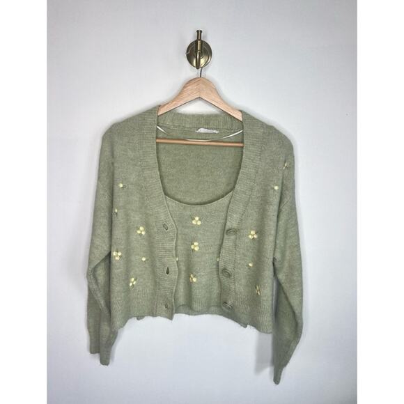 MANGO Green Floral Knit Cardigan Tank Set - Picture 1 of 5